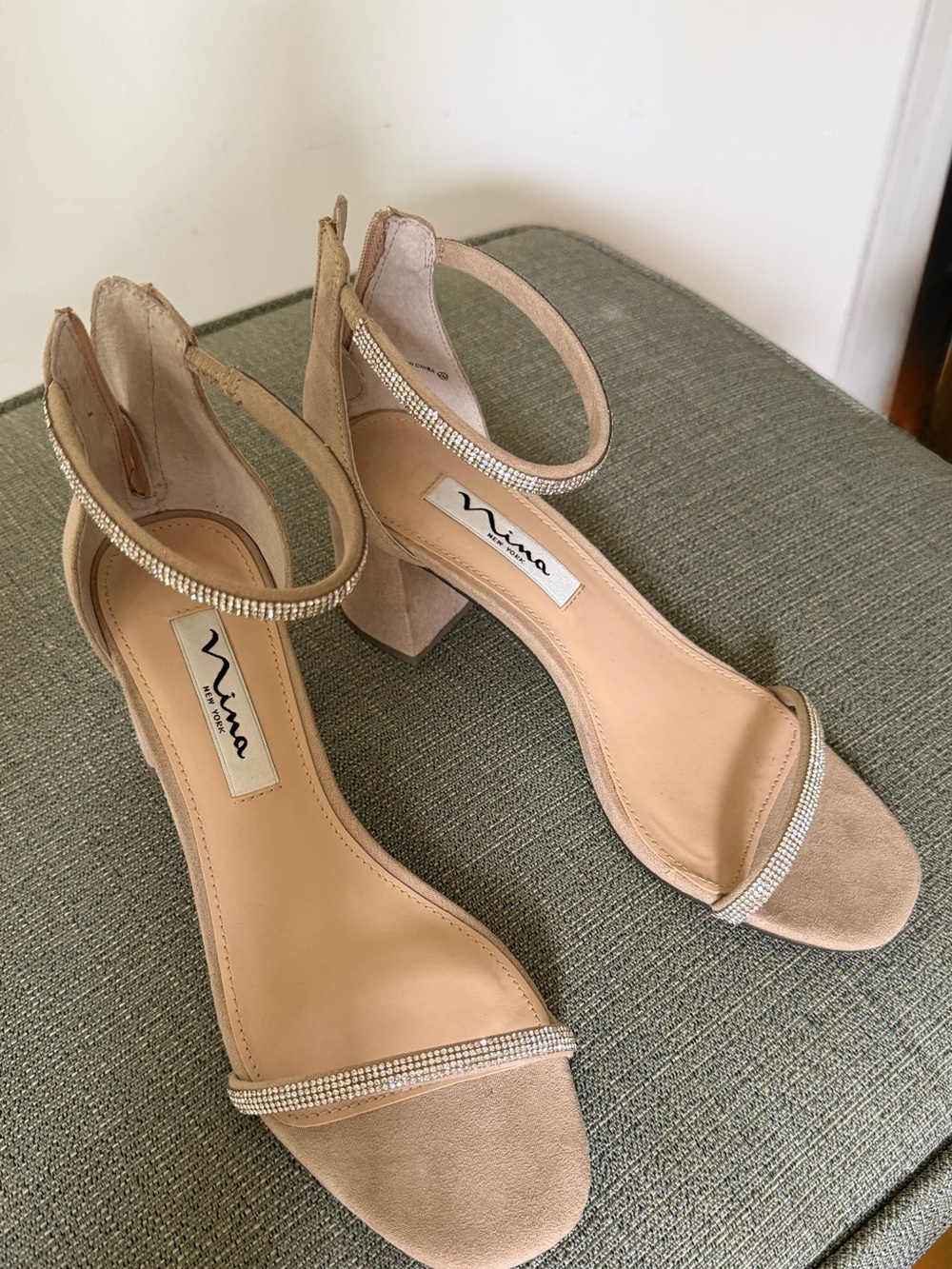 Sparkling Nina Blush Pink Rhinestone Ankle-Strap Block Heel Sandals
